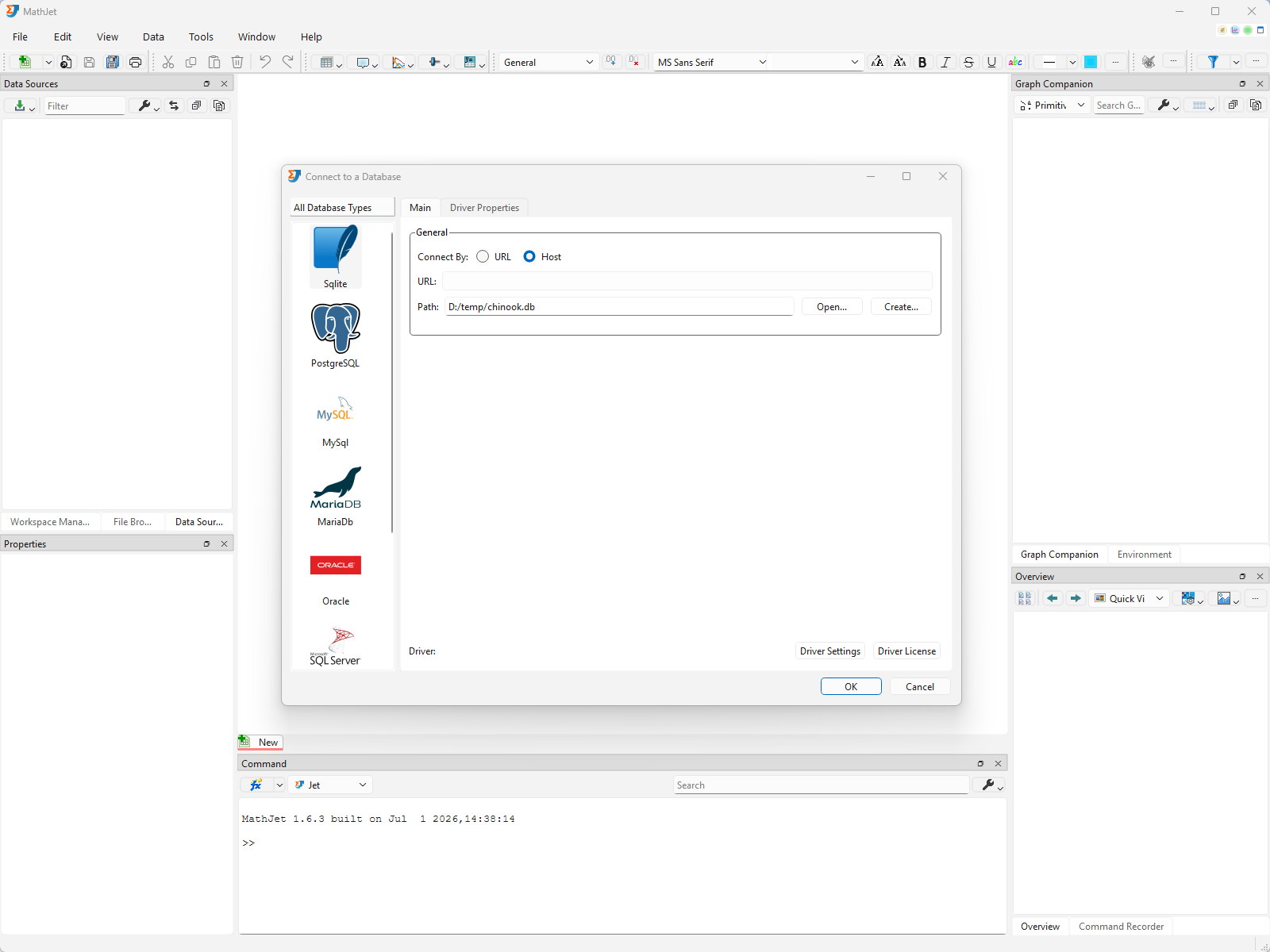 The Connect to a Database dialog with Database Type set to SQLite and the Database File field pointing at chinook.db. After connecting, a new connection node labeled chinook appears in the Data Source Pane.