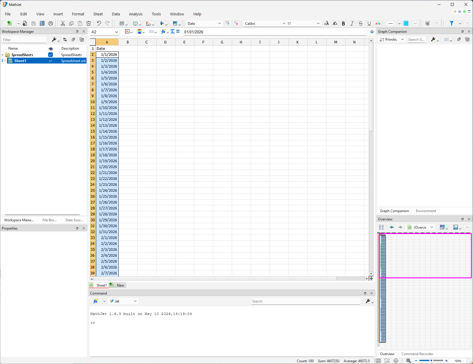 Column A populated with 100 sequential dates starting January 1, 2026. The fill handle is visible at the bottom-right of the last filled cell, and the date series extends from A2 (01/01/2026) through A101 (04/10/2026).