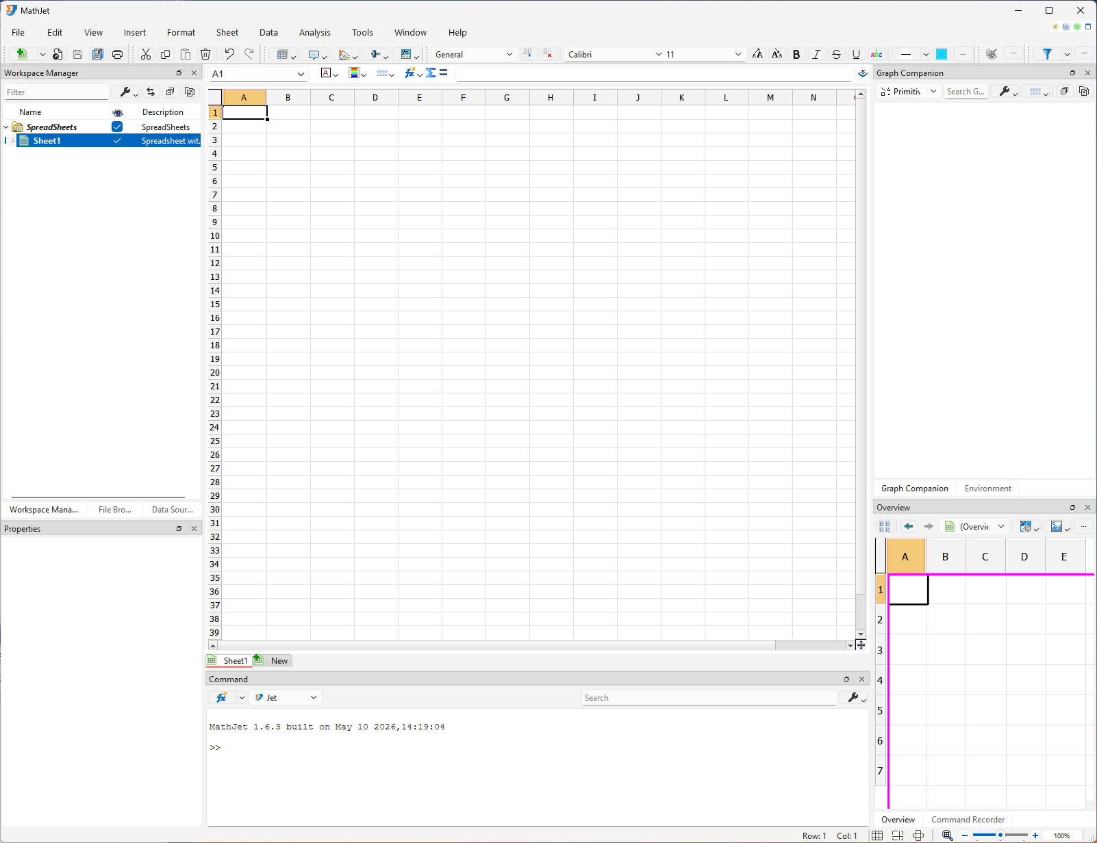 MathJet just after launch and inserting a fresh worksheet. Empty worksheet visible in the center, with the Environment Pane docked on the right, the Command Editor docked at the bottom, and the title bar showing untitled.mjw.
