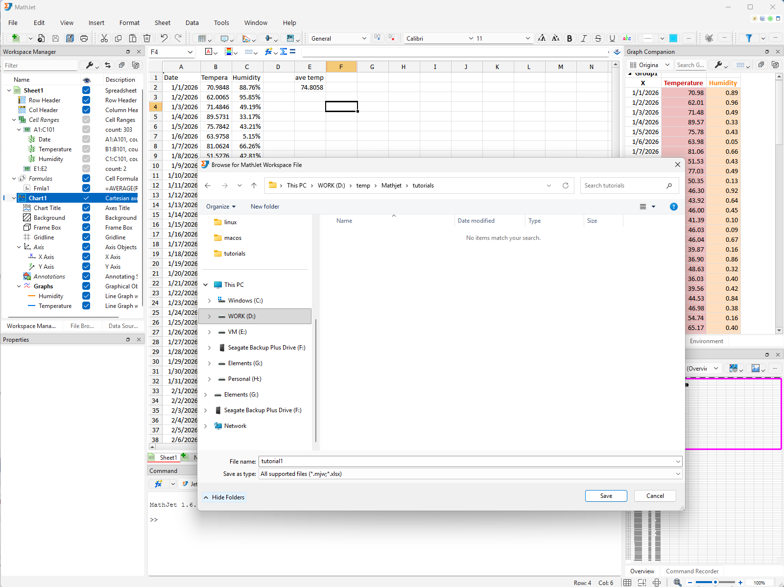 File manager showing the saved first-analysis.mjw on disk — a single file containing the data, formulas, chart state, and view layout you built throughout the tutorial.