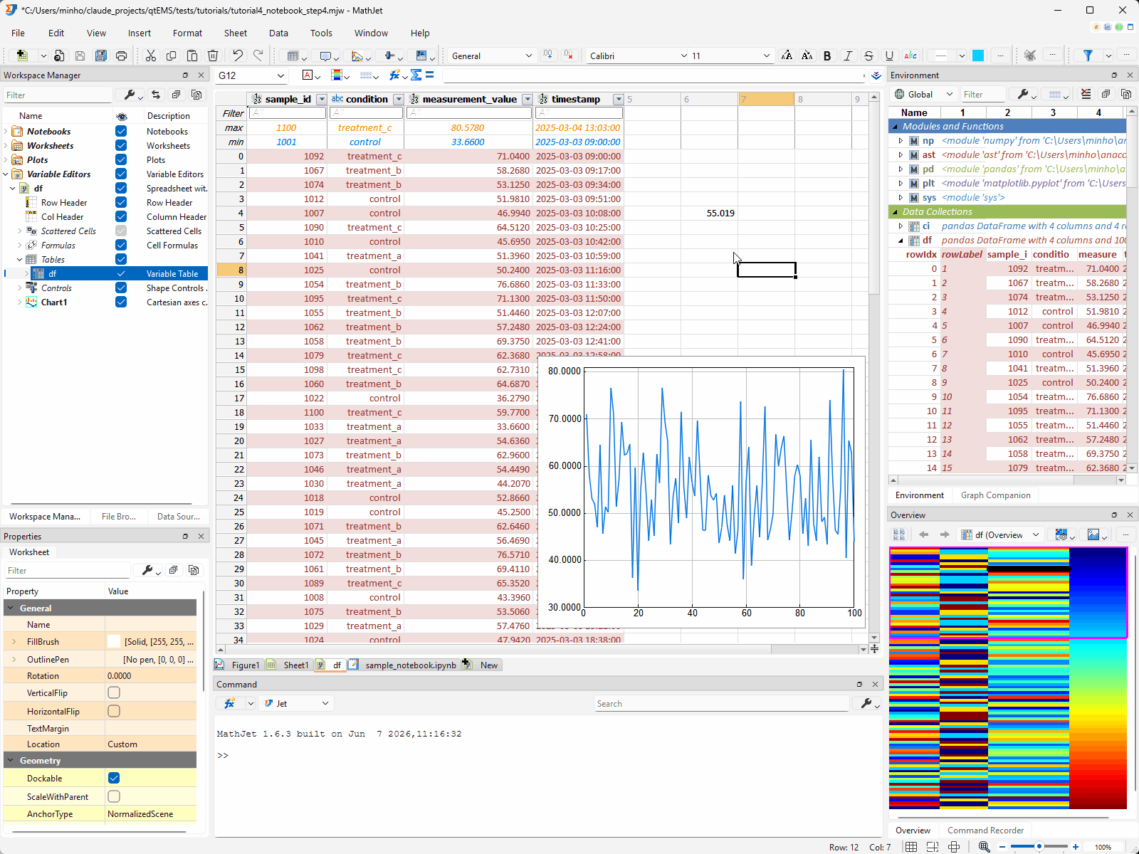 In the Variable Editor: changing a measurement value to 999, switching to the notebook, inserting a df.describe() cell and running it — the statistics reflect the change. Ctrl+Z twice in the Variable Editor restores the original value.