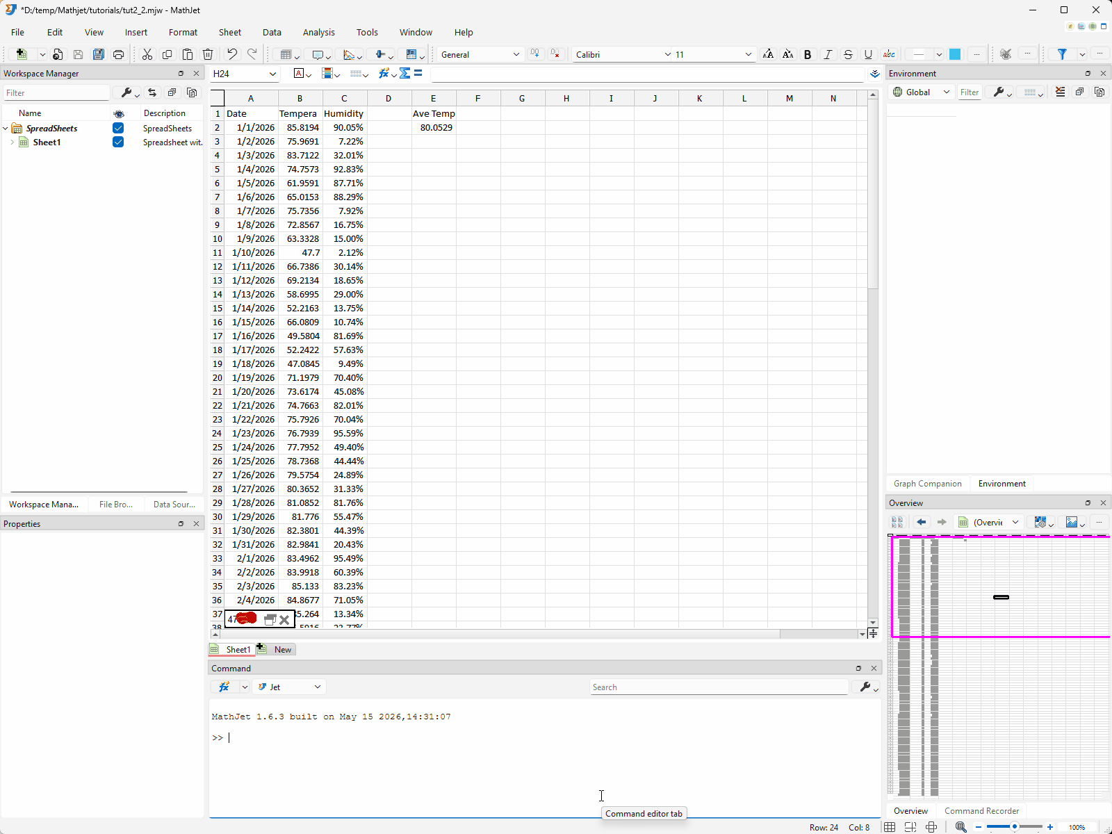 The Command Editor's language-selector dropdown switches between Jet, Python, and R, with 2 + 2 returning 4 in each. A NumPy array x = numpy.array([10, 20, 30, 40, 50]) is created in Python; switching to R and Jet, the same array displays as an R numeric vector and a Jet matrix respectively. Expanding the x entry in the Environment Pane opens a two-column table of indices and values, and the Overview Pane simultaneously renders a small line plot of the five values.