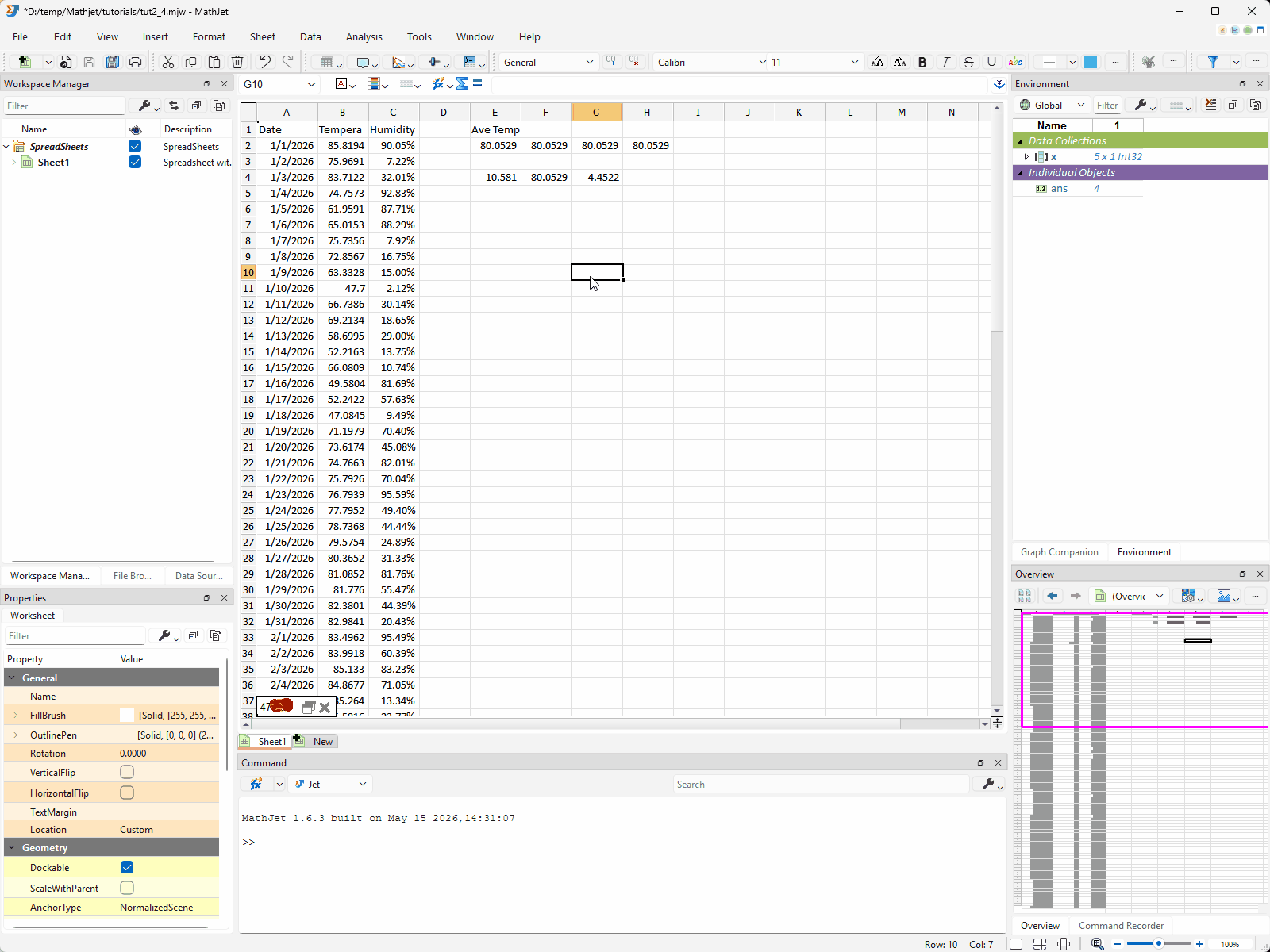 Cell G10 selected with Python active in the Command Editor. Typing m = numpy.random.rand(5, 5) produces a cell block at G10 with a header row at G10 (showing the variable name, size, and type) and the 25 random values at G11. The Environment Pane simultaneously shows a new row m, and the Overview Pane renders a 5×5 heatmap. Editing G11 to 99.5 updates the variable, the Environment-pane table, and the heatmap's top-left square. Collapsing the block to a single cell and dragging its border relocates the block to a new on-screen position without changing the variable.