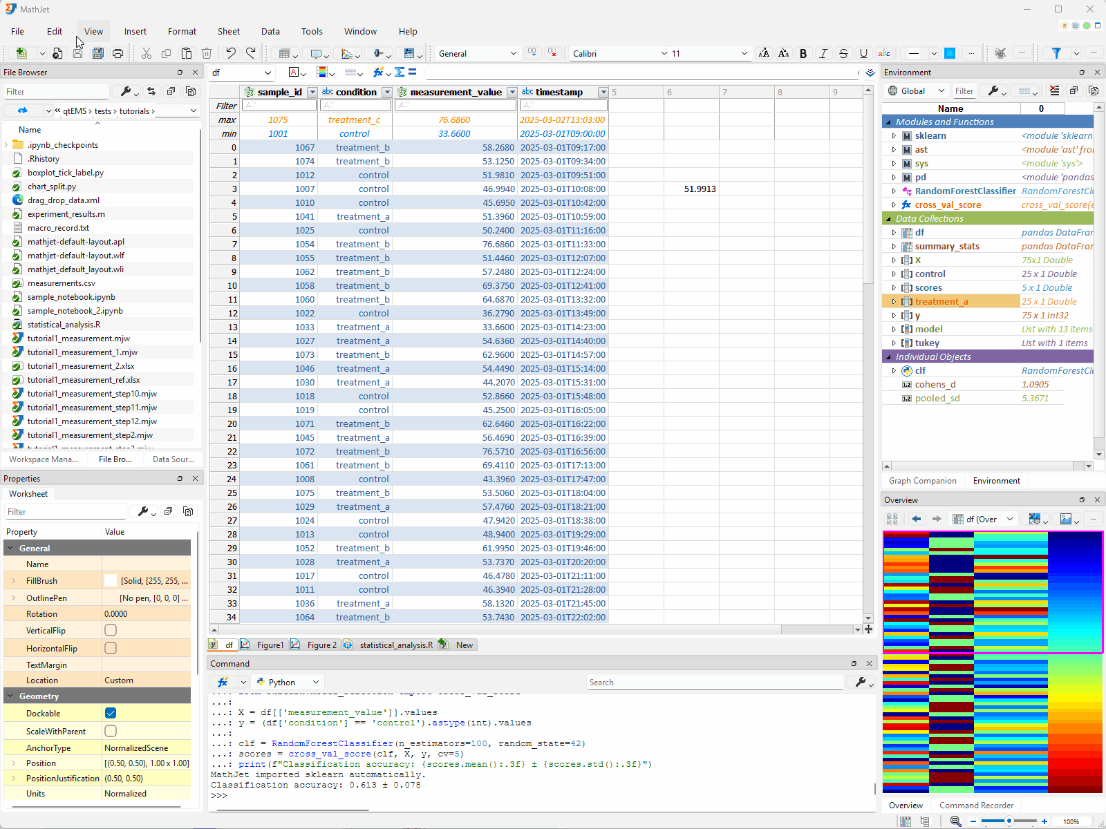 Creating a new notebook, adding an R cell with a dplyr summary, then a Python cell with the pandas equivalent — both produce the same group means from the same df variable.