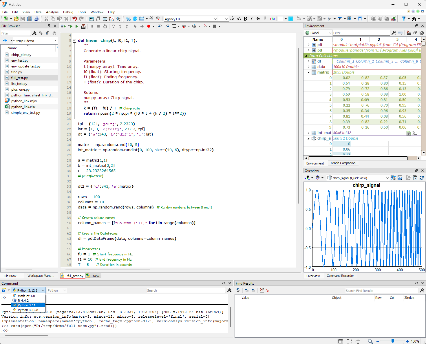 MathJet coding view: integrated editor with debugger, watch windows, and live charts built from the current session's data.